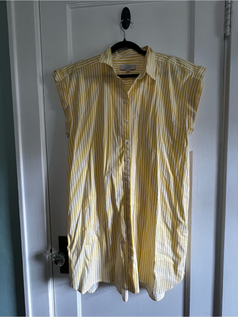 LOFT Yellow and White Striped Short-Sleeve Button-Down Shirt Dress
